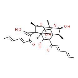 ChemSpider 2D Image | (2E,4E,2'E,4'E)-1,1'-[(1R,3S,7R,8R,10S,14R)-1,6,8,13-Tetrahydroxy-3,7,10,14-tetramethyl-2,9-dioxapentacyclo[8.4.0.0~3,8~.0~4,14~.0~7,11~]tetradeca-5,12-diene-5,12-diyl]bis(2,4-hexadien-1-one) | C28H32O8