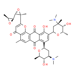 ChemSpider 2D Image | 10-[(4S,5S,6S)-4-(Dimethylamino)-5-hydroxy-4,6-dimethyltetrahydro-2H-pyran-2-yl]-8-[(2R,4R,5S,6R)-4-(dimethylamino)-5-hydroxy-6-methyltetrahydro-2H-pyran-2-yl]-2-[(2S,2'S,3R,3'S)-3,3'-dimethyl-2,2'-bi
oxir-3-yl]-11-hydroxy-5-methyl-4H-naphtho[2,3-h]chromene-4,7,12-trione (non-preferred name) | C41H50N2O11