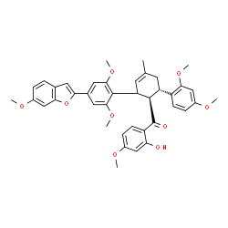 ChemSpider 2D Image | [(1R,6S)-2-[2,6-Dimethoxy-4-(6-methoxy-1-benzofuran-2-yl)phenyl]-6-(2,4-dimethoxyphenyl)-4-methyl-3-cyclohexen-1-yl](2-hydroxy-4-methoxyphenyl)methanone | C40H40O9