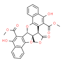 ChemSpider 2D Image | Dimethyl (6bS,13bR,16aR)-5,12-dihydroxy-14-oxo-13b,14-dihydro-6bH-benzo[h]furo[3,4-c]naphtho[2',1':4,5]furo[3,2-b]chromene-6,13-dicarboxylate | C29H20O10