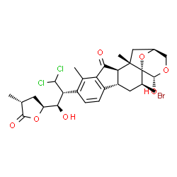 ChemSpider 2D Image | (1R,2S,4S,12R,13S,15S,18S)-2-Bromo-8-{(2R,3R)-1,1-dichloro-3-hydroxy-3-[(2S,4R)-4-methyl-5-oxotetrahydro-2-furanyl]-2-propanyl}-18-hydroxy-9,13-dimethyl-17,19-dioxapentacyclo[13.3.1.0~1,13~.0~4,12~.0~
5,10~]nonadeca-5,7,9-trien-11-one | C27H31BrCl2O7