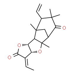 ChemSpider 2D Image | (3R,6E,7R)-6-Ethylidene-1,9,12,12-tetramethyl-13-vinyl-4,8-dioxatetracyclo[8.3.1.0~2,9~.0~3,7~]tetradecane-5,11-dione | C20H26O4