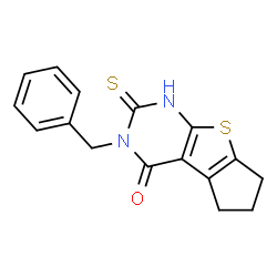 ChemSpider 2D Image | 5-Benzyl-6-mercapto-1,2,3,5-tetrahydro-8-thia-5,7-diaza-cyclopenta[a]inden-4-one | C16H14N2OS2