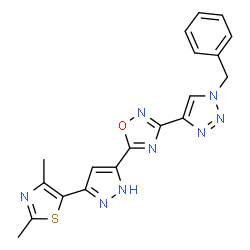 ChemSpider 2D Image | 3-(1-Benzyl-1H-1,2,3-triazol-4-yl)-5-[3-(2,4-dimethyl-1,3-thiazol-5-yl)-1H-pyrazol-5-yl]-1,2,4-oxadiazole | C19H16N8OS