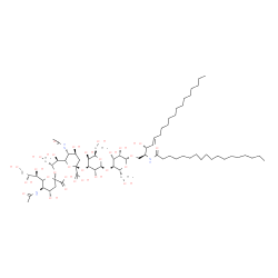 ChemSpider 2D Image | (2S,3R,4E)-3-Hydroxy-2-(stearoylamino)-4-octadecen-1-yl 5-acetamido-6-[(1S,2R)-2-({5-acetamido-3,5-dideoxy-6-[(1R,2R)-1,2,3-trihydroxypropyl]-beta-L-threo-hex-2-ulopyranonosyl}oxy)-1,3-dihydroxypropyl
]-3,5-dideoxy-beta-L-threo-hex-2-ulopyranonosyl-(2->3)-beta-D-galactopyranosyl-(1->4)-beta-D-mannopyranoside | C70H125N3O29