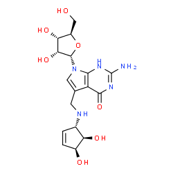 ChemSpider 2D Image | 2-Amino-5-({[(1S,4S,5R)-4,5-dihydroxy-2-cyclopenten-1-yl]amino}methyl)-7-(alpha-D-ribofuranosyl)-1,7-dihydro-4H-pyrrolo[2,3-d]pyrimidin-4-one | C17H23N5O7