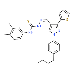 ChemSpider 2D Image | (2Z)-2-{[1-(4-Butylphenyl)-3-(2-thienyl)-1H-pyrazol-4-yl]methylene}-N-(3,4-dimethylphenyl)hydrazinecarbothioamide | C27H29N5S2