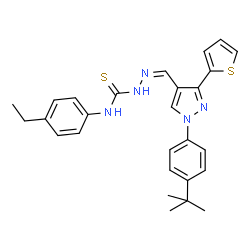 ChemSpider 2D Image | (2Z)-N-(4-Ethylphenyl)-2-({1-[4-(2-methyl-2-propanyl)phenyl]-3-(2-thienyl)-1H-pyrazol-4-yl}methylene)hydrazinecarbothioamide | C27H29N5S2