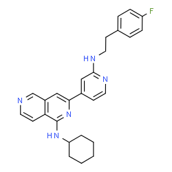 ChemSpider 2D Image | N-Cyclohexyl-3-(2-{[2-(4-fluorophenyl)ethyl]amino}-4-pyridinyl)-2,6-naphthyridin-1-amine | C27H28FN5