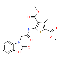 ChemSpider 2D Image | Dimethyl 3-methyl-5-{[(2-oxo-1,3-benzoxazol-3(2H)-yl)acetyl]amino}-2,4-thiophenedicarboxylate | C18H16N2O7S