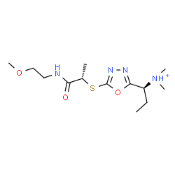 ChemSpider 2D Image | (1S)-1-[5-({(2S)-1-[(2-Methoxyethyl)amino]-1-oxo-2-propanyl}sulfanyl)-1,3,4-oxadiazol-2-yl]-N,N-dimethyl-1-propanaminium | C13H25N4O3S