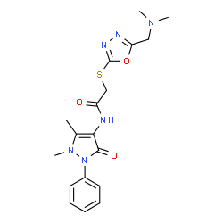 ChemSpider 2D Image | 2-({5-[(Dimethylamino)methyl]-1,3,4-oxadiazol-2-yl}sulfanyl)-N-(1,5-dimethyl-3-oxo-2-phenyl-2,3-dihydro-1H-pyrazol-4-yl)acetamide | C18H22N6O3S