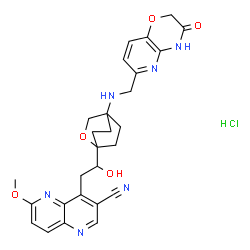 ChemSpider 2D Image | 4-[2-Hydroxy-2-(4-{[(3-oxo-3,4-dihydro-2H-pyrido[3,2-b][1,4]oxazin-6-yl)methyl]amino}-2-oxabicyclo[2.2.2]oct-1-yl)ethyl]-6-methoxy-1,5-naphthyridine-3-carbonitrile hydrochloride (1:1) | C27H29ClN6O5