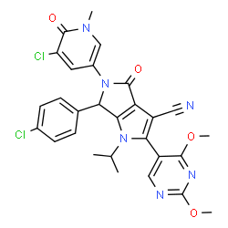 ChemSpider 2D Image | 5-(5-Chloro-1-methyl-6-oxo-1,6-dihydro-3-pyridinyl)-6-(4-chlorophenyl)-2-(2,4-dimethoxy-5-pyrimidinyl)-1-isopropyl-4-oxo-1,4,5,6-tetrahydropyrrolo[3,4-b]pyrrole-3-carbonitrile | C28H24Cl2N6O4