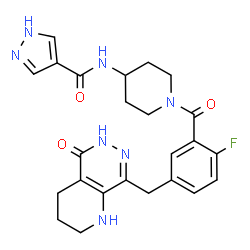ChemSpider 2D Image | N-(1-{2-Fluoro-5-[(5-oxo-1,2,3,4,5,6-hexahydropyrido[2,3-d]pyridazin-8-yl)methyl]benzoyl}-4-piperidinyl)-1H-pyrazole-4-carboxamide | C24H26FN7O3