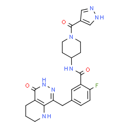 ChemSpider 2D Image | 2-Fluoro-5-[(5-oxo-1,2,3,4,5,6-hexahydropyrido[2,3-d]pyridazin-8-yl)methyl]-N-[1-(1H-pyrazol-4-ylcarbonyl)-4-piperidinyl]benzamide | C24H26FN7O3