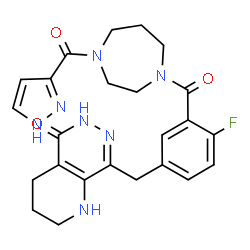 ChemSpider 2D Image | 8-(4-Fluoro-3-{[4-(1H-pyrazol-3-ylcarbonyl)-1,4-diazepan-1-yl]carbonyl}benzyl)-2,3,4,6-tetrahydropyrido[2,3-d]pyridazin-5(1H)-one | C24H26FN7O3