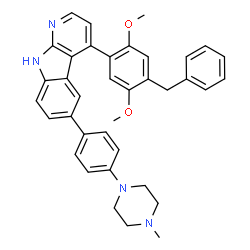 ChemSpider 2D Image | 4-(4-Benzyl-2,5-dimethoxyphenyl)-6-[4-(4-methyl-1-piperazinyl)phenyl]-9H-pyrido[2,3-b]indole | C37H36N4O2