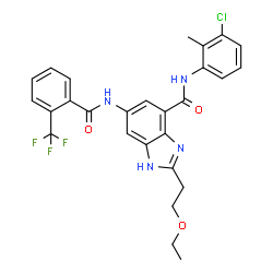 ChemSpider 2D Image | N-(3-Chloro-2-methylphenyl)-2-(2-ethoxyethyl)-6-{[2-(trifluoromethyl)benzoyl]amino}-1H-benzimidazole-4-carboxamide | C27H24ClF3N4O3
