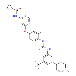 ChemSpider 2D Image | N-{6-[3-Methyl-4-({[3-(1-methyl-4-piperidinyl)-5-(trifluoromethyl)phenyl]carbamoyl}amino)phenoxy]-4-pyrimidinyl}cyclopropanecarboxamide | C29H31F3N6O3