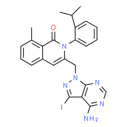 ChemSpider 2D Image | 3-[(4-Amino-3-iodo-1H-pyrazolo[3,4-d]pyrimidin-1-yl)methyl]-2-(2-isopropylphenyl)-8-methyl-1(2H)-isoquinolinone | C25H23IN6O
