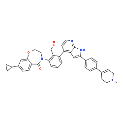 ChemSpider 2D Image | 8-Cyclopropyl-4-[2-(hydroxymethyl)-3-{2-[4-(1-methyl-1,2,3,6-tetrahydro-4-pyridinyl)phenyl]-1H-pyrrolo[2,3-b]pyridin-4-yl}phenyl]-3,4-dihydro-1,4-benzoxazepin-5(2H)-one | C38H36N4O3