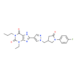 ChemSpider 2D Image | 3-Ethyl-8-(1-{[1-(4-fluorophenyl)-5-oxo-3-pyrrolidinyl]methyl}-1H-pyrazol-4-yl)-1-propyl-3,7-dihydro-1H-purine-2,6-dione | C24H26FN7O3