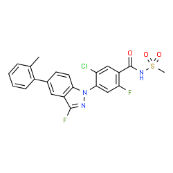 ChemSpider 2D Image | 5-Chloro-2-fluoro-4-[3-fluoro-5-(2-methylphenyl)-1H-indazol-1-yl]-N-(methylsulfonyl)benzamide | C22H16ClF2N3O3S