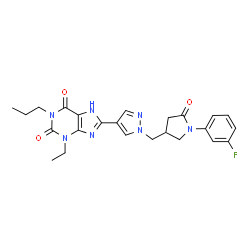 ChemSpider 2D Image | 3-Ethyl-8-(1-{[1-(3-fluorophenyl)-5-oxo-3-pyrrolidinyl]methyl}-1H-pyrazol-4-yl)-1-propyl-3,7-dihydro-1H-purine-2,6-dione | C24H26FN7O3