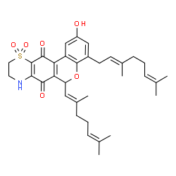 ChemSpider 2D Image | 6-[(1E)-2,6-Dimethyl-1,5-heptadien-1-yl]-4-[(2E)-3,7-dimethyl-2,6-octadien-1-yl]-2-hydroxy-9,10-dihydro-6H,7H-benzo[3,4]isochromeno[6,7-b][1,4]thiazine-7,12(8H)-dione 11,11-dioxide | C34H41NO6S