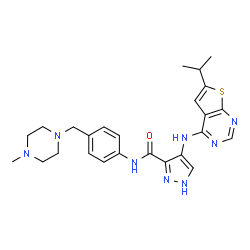 ChemSpider 2D Image | 4-[(6-Isopropylthieno[2,3-d]pyrimidin-4-yl)amino]-N-{4-[(4-methyl-1-piperazinyl)methyl]phenyl}-1H-pyrazole-3-carboxamide | C25H30N8OS