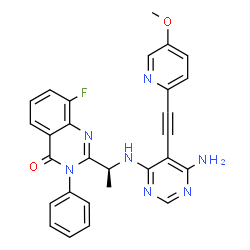 ChemSpider 2D Image | 2-[(1S)-1-({6-Amino-5-[(5-methoxy-2-pyridinyl)ethynyl]-4-pyrimidinyl}amino)ethyl]-8-fluoro-3-phenyl-4(3H)-quinazolinone | C28H22FN7O2
