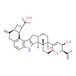 ChemSpider 2D Image | (2R,3R,4bS,6aS,7dS,8S,9aS,14bS,14cR,16aS)-8-(2-Hydroxy-2-propanyl)-2-isopropenyl-14b,14c-dimethyl-10-methylene-2,3,5,6,6a,7,7d,8,9,9a,10,11,14,14b,14c,15,16,16a-octadecahydro-4bH-chromeno[5',6':6,7]in
deno[1,2-b]cyclobuta[5,6]benzo[1,2-e]indole-3,4b-diol | C37H47NO4