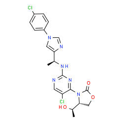ChemSpider 2D Image | (4R)-3-[5-Chloro-2-({(1S)-1-[1-(4-chlorophenyl)-1H-imidazol-4-yl]ethyl}amino)-4-pyrimidinyl]-4-[(1R)-1-hydroxyethyl]-1,3-oxazolidin-2-one | C20H20Cl2N6O3