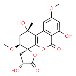 ChemSpider 2D Image | (1S,3S,4S,4'R)-1,4',7-Trihydroxy-3,9-dimethoxy-1-methyl-2,3,3',4'-tetrahydro-1H,5'H,6H-spiro[benzo[c]chromene-4,2'-furan]-5',6-dione | C19H20O9