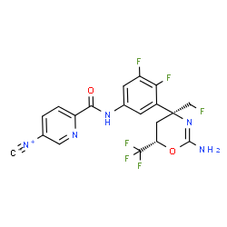 ChemSpider 2D Image | N-{3-[(4S,6S)-2-Amino-4-(fluoromethyl)-6-(trifluoromethyl)-5,6-dihydro-4H-1,3-oxazin-4-yl]-4,5-difluorophenyl}-5-isocyano-2-pyridinecarboxamide | C19H13F6N5O2