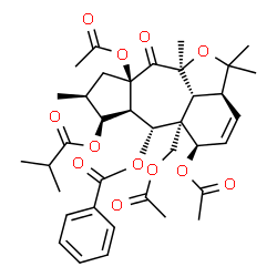ChemSpider 2D Image | (2aS,5R,5aR,6R,6aR,7S,8S,9aR,10aS,10bR)-5,9a-Diacetoxy-5a-(acetoxymethyl)-7-(isobutyryloxy)-2,2,8,10a-tetramethyl-10-oxo-2a,5,5a,6,6a,7,8,9,9a,10,10a,10b-dodecahydro-2H-1-oxabenzo[cd]cyclopenta[g]azul
en-6-yl benzoate | C37H46O12