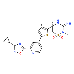 ChemSpider 2D Image | (5S)-5-{3-Chloro-5-[2-(3-cyclopropyl-1,2,4-oxadiazol-5-yl)-4-pyridinyl]-2-thienyl}-2,5-dimethyl-1,2,4-thiadiazinan-3-imine 1,1-dioxide | C19H19ClN6O3S2
