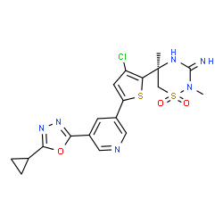 ChemSpider 2D Image | (5S)-5-{3-Chloro-5-[5-(5-cyclopropyl-1,3,4-oxadiazol-2-yl)-3-pyridinyl]-2-thienyl}-2,5-dimethyl-1,2,4-thiadiazinan-3-imine 1,1-dioxide | C19H19ClN6O3S2