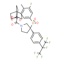 ChemSpider 2D Image | 4-({(3R)-3-[(3-Fluoro-4-methylphenyl)sulfonyl]-3-[4-(1,1,1,2,3,3,3-heptafluoro-2-propanyl)phenyl]-1-pyrrolidinyl}carbonyl)bicyclo[2.2.2]octane-1-carboxylic acid | C30H29F8NO5S