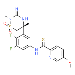 ChemSpider 2D Image | N-{3,4-Difluoro-5-[(5R)-3-imino-2,5-dimethyl-1,1-dioxido-1,2,4-thiadiazinan-5-yl]phenyl}-5-methoxy-2-pyridinecarbothioamide | C18H19F2N5O3S2