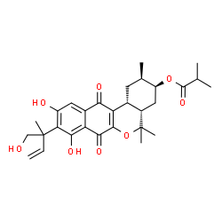 ChemSpider 2D Image | (2R,3S,4aS,12bR)-8,10-Dihydroxy-9-(1-hydroxy-2-methyl-3-buten-2-yl)-2,5,5-trimethyl-7,12-dioxo-1,3,4,4a,5,7,12,12b-octahydro-2H-dibenzo[c,g]chromen-3-yl 2-methylpropanoate | C29H36O8