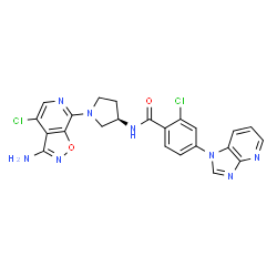 ChemSpider 2D Image | N-[(3R)-1-(3-Amino-4-chloro[1,2]oxazolo[5,4-c]pyridin-7-yl)-3-pyrrolidinyl]-2-chloro-4-(1H-imidazo[4,5-b]pyridin-1-yl)benzamide | C23H18Cl2N8O2