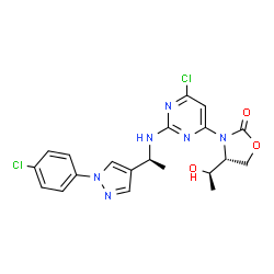 ChemSpider 2D Image | (4R)-3-[6-Chloro-2-({(1S)-1-[1-(4-chlorophenyl)-1H-pyrazol-4-yl]ethyl}amino)-4-pyrimidinyl]-4-[(1R)-1-hydroxyethyl]-1,3-oxazolidin-2-one | C20H20Cl2N6O3