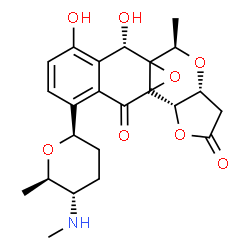 ChemSpider 2D Image | (2S,11S,15R,17R)-2,4-Dihydroxy-17-methyl-7-[(2R,5S,6R)-6-methyl-5-(methylamino)tetrahydro-2H-pyran-2-yl]-12,16,18-trioxapentacyclo[8.7.1.0~1,10~.0~3,8~.0~11,15~]octadeca-3,5,7-triene-9,13-dione | C23H27NO8