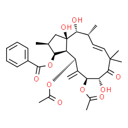 ChemSpider 2D Image | (1S,2S,3aR,4R,5R,6E,10R,11S,13S,13aR)-11,13-Diacetoxy-3a,4,10-trihydroxy-2,5,8,8-tetramethyl-12-methylene-9-oxo-2,3,3a,4,5,8,9,10,11,12,13,13a-dodecahydro-1H-cyclopenta[12]annulen-1-yl benzoate | C31H40O10