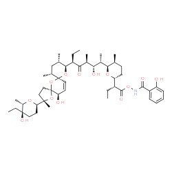 ChemSpider 2D Image | N-{[(2R)-2-{(2R,5S,6R)-6-[(2S,3S,4S,6R)-6-{(2S,5S,7R,9S,10S,12R,15R)-2-[(2R,5R,6S)-5-Ethyl-5-hydroxy-6-methyltetrahydro-2H-pyran-2-yl]-15-hydroxy-2,10,12-trimethyl-1,6,8-trioxadispiro[4.1.5.3]pentadec
-13-en-9-yl}-3-hydroxy-4-methyl-5-oxo-2-octanyl]-5-methyltetrahydro-2H-pyran-2-yl}butanoyl]oxy}-2-hydroxybenzamide | C49H75NO13