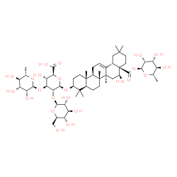 ChemSpider 2D Image | 6-Deoxy-1-O-[(3beta,16beta)-3-{[6-deoxy-alpha-L-mannopyranosyl-(1->3)-[beta-D-glucopyranosyl-(1->2)]-beta-D-glucopyranuronosyl]oxy}-16-hydroxy-28-oxoolean-12-en-28-yl]-alpha-L-mannopyranose | C54H86O23