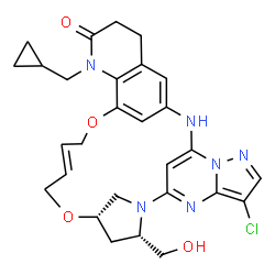 ChemSpider 2D Image | (12S,14S,17E)-7-Chloro-23-(cyclopropylmethyl)-12-(hydroxymethyl)-15,20-dioxa-2,4,5,9,11,23-hexaazahexacyclo[19.7.1.1~3,10~.1~11,14~.0~4,8~.0~22,27~]hentriaconta-1(29),3(31),5,7,9,17,21,27-octaen-24-on
e | C28H31ClN6O4