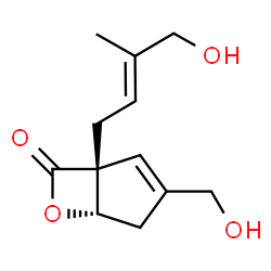 ChemSpider 2D Image | (1R,5S)-3-(Hydroxymethyl)-1-[(2E)-4-hydroxy-3-methyl-2-buten-1-yl]-6-oxabicyclo[3.2.0]hept-2-en-7-one | C12H16O4